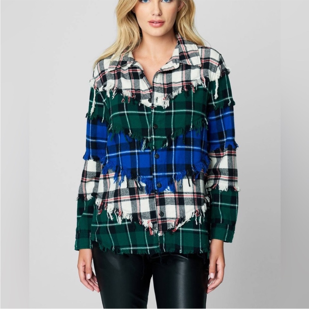 BlankNYC Double Dare Multi Plaid Shirt Fringe Shacket Grunge Button Down L